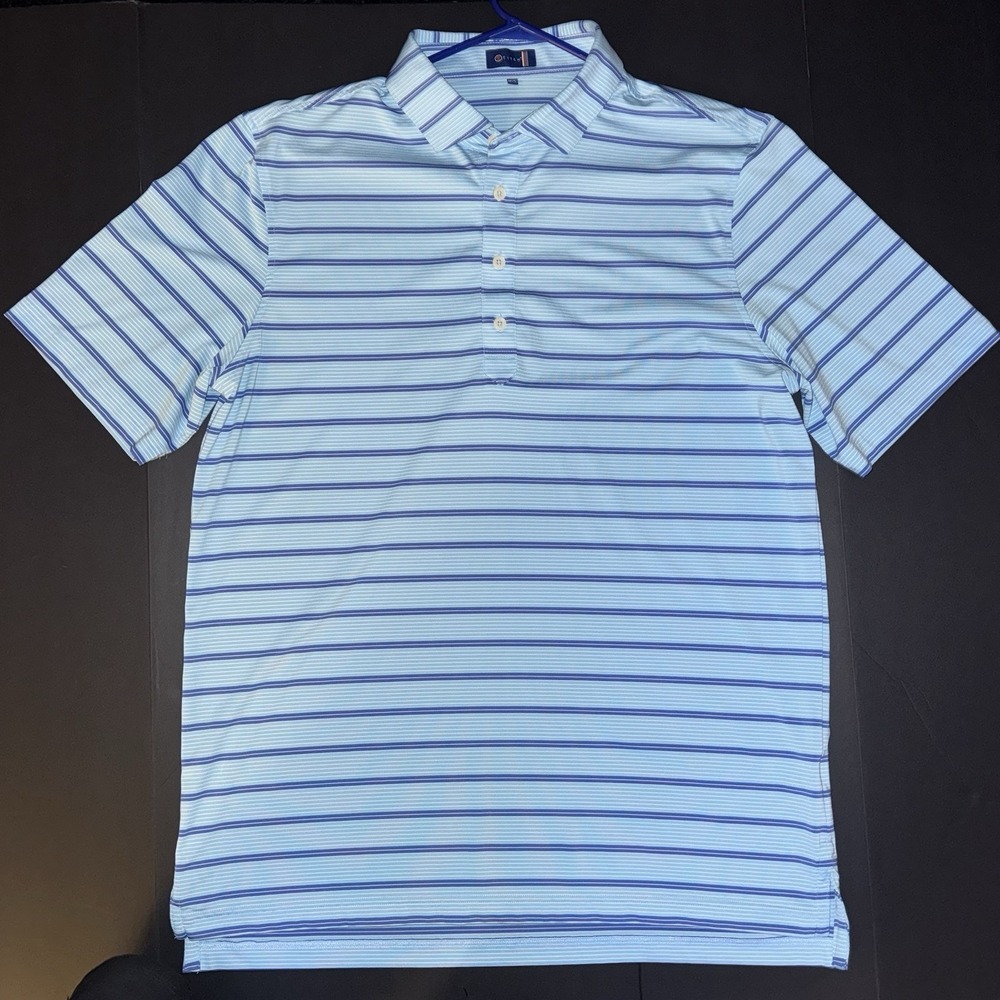 Men's M/L Stitch Polo Shirt Light Blue Blue White Striped Short Sleeve Button